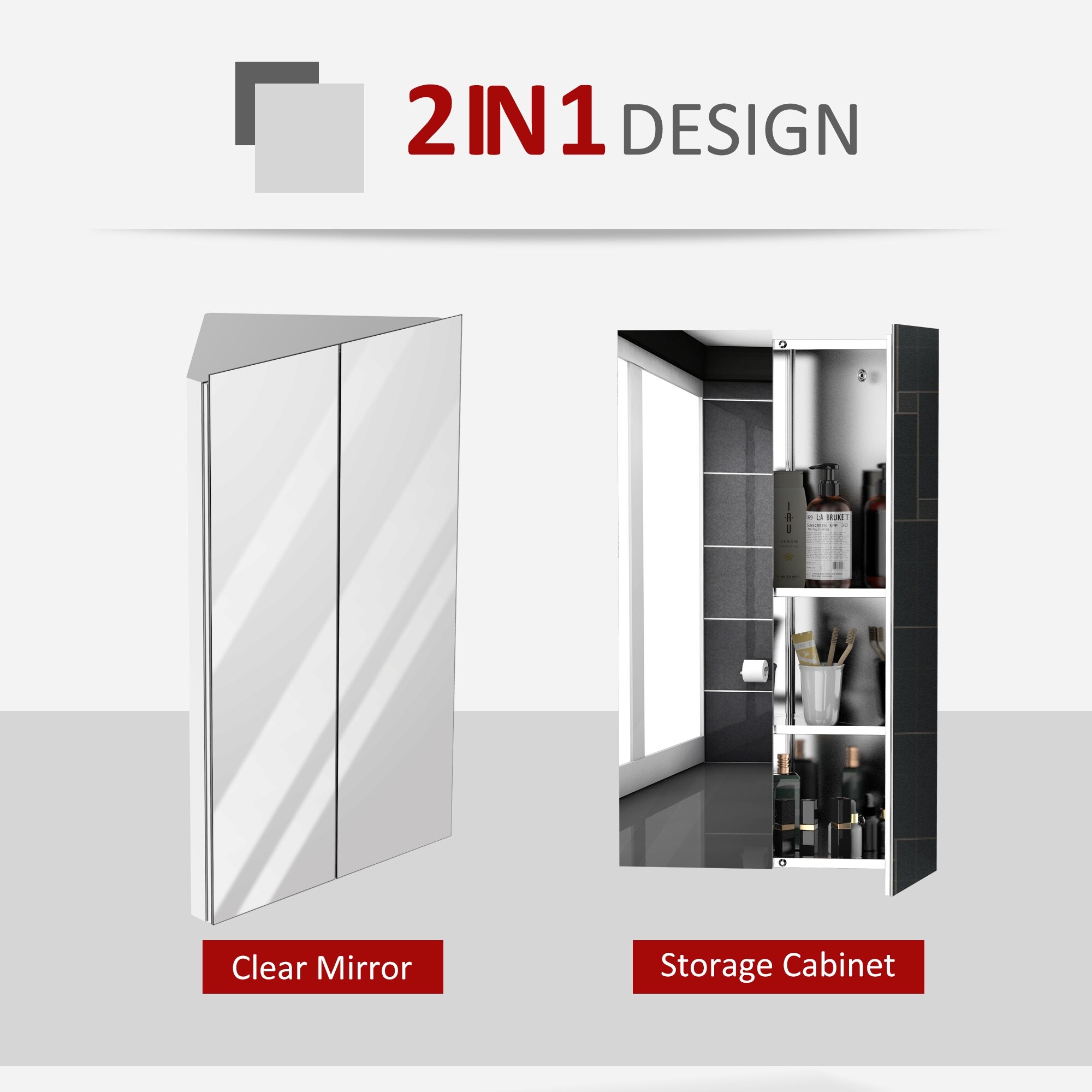 >Multipurpose Storage Organizer For Bathroom Kleankin Corner Mirror Cabinet Wall Mounted With Double Doors And 3