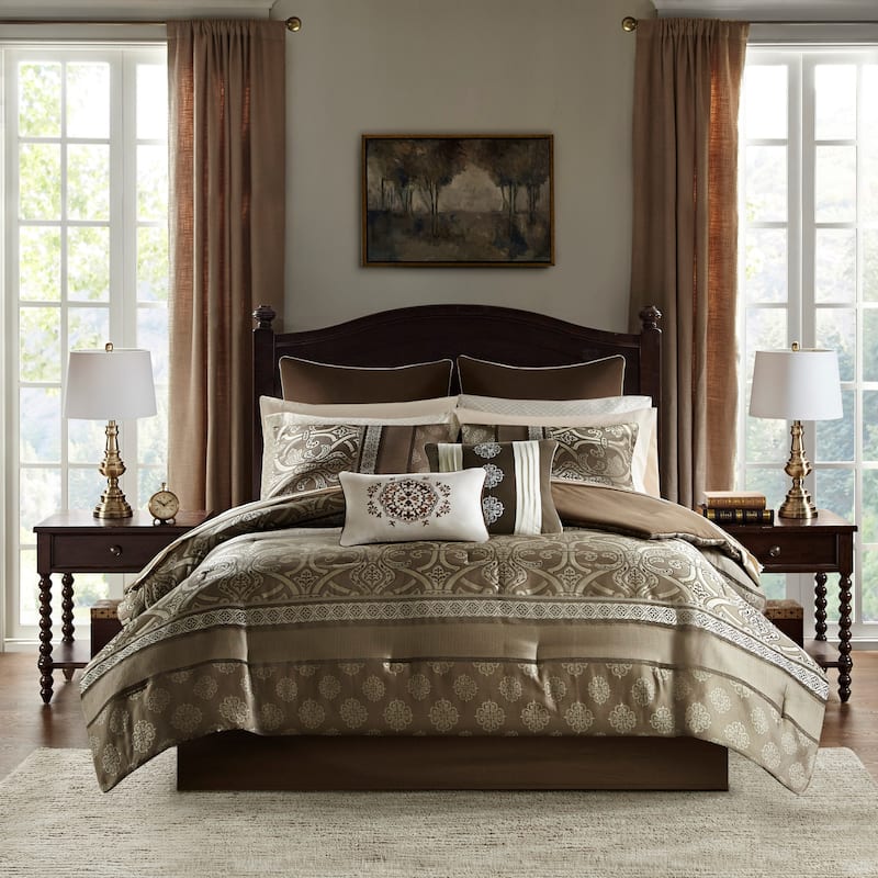Madison Park Essentials Alexine Brown 16 Piece Jacquard Comforter Set with 2 Bed Sheet Sets - King