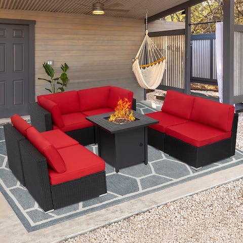 Kinbor 7PCS Patio Furniture Sectional Sofa Set w/ Fire Pit Table, Wicker Rattan Outdoor Conversation Sets Propane Fire Pit