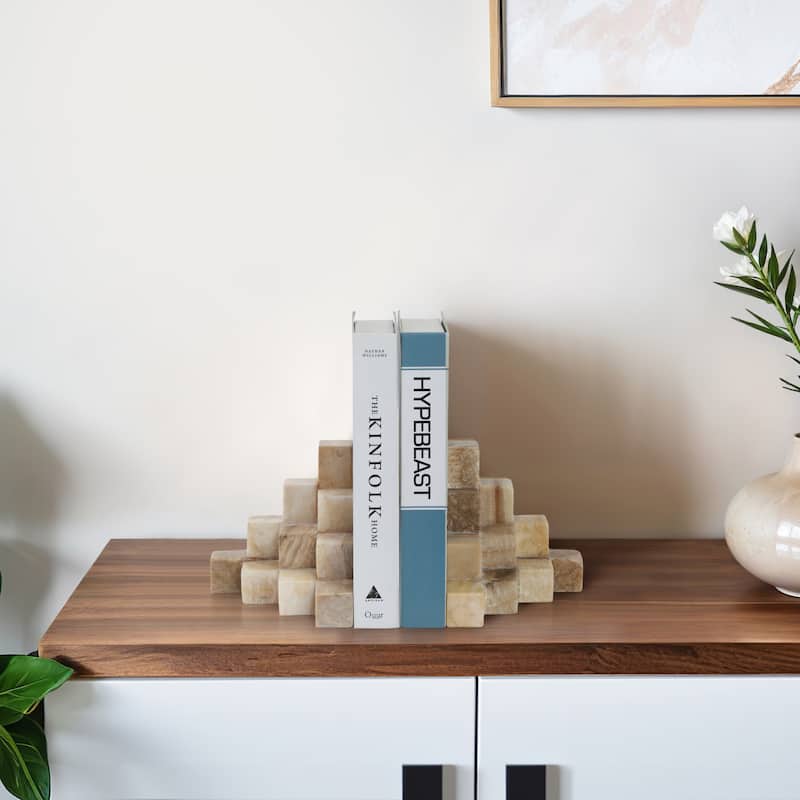 Stone Marble Geometric Stacked Texture Bookends (Set of 2) - 6" Tan - 6" x 6" x 6"