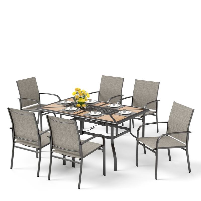 MAISON ARTS Patio Dining Set 7-Piece Metal Wood-look Geometric Rectangle Table and 6 Textilene Chairs