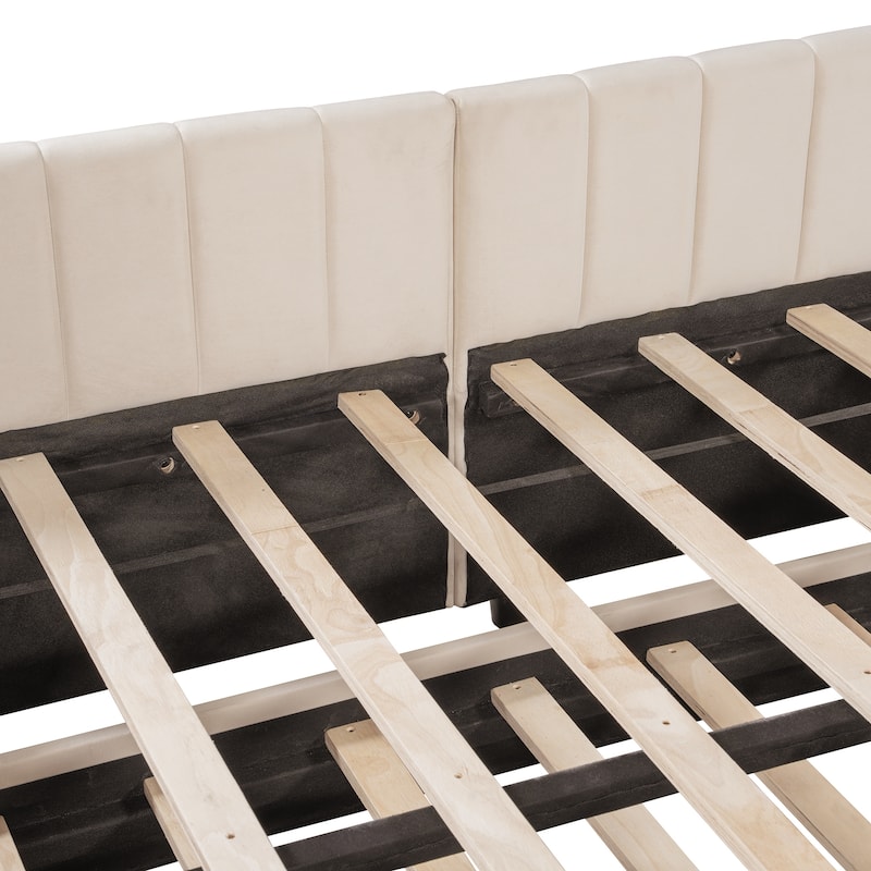 Full Size Daybed with Pull-Out Lift-Up Trundle, Upholstered Daybed Platform Bed with Stripes L-Shaped Backrest and Wood Slats