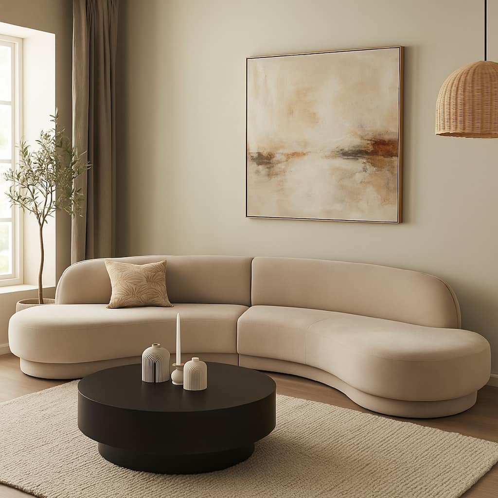 Zema 2 Piece Sofa, Curved Modular Design, Camel Brown Fabric, 2 Ball Pillows