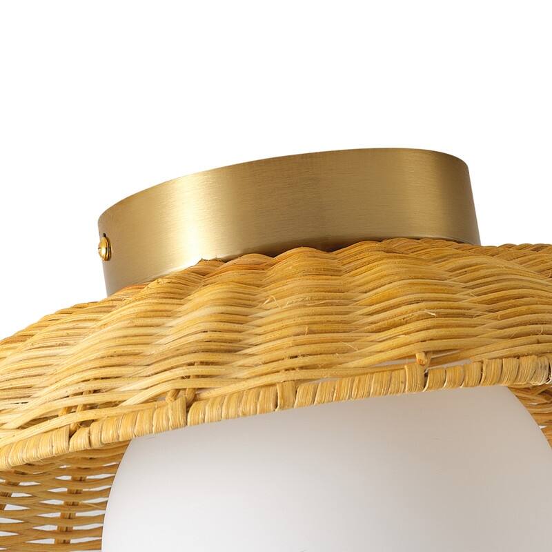Farmhouse 1-Light Brass Semi-Flush Mount Ceiling Light with Handwoven Rattan Shade