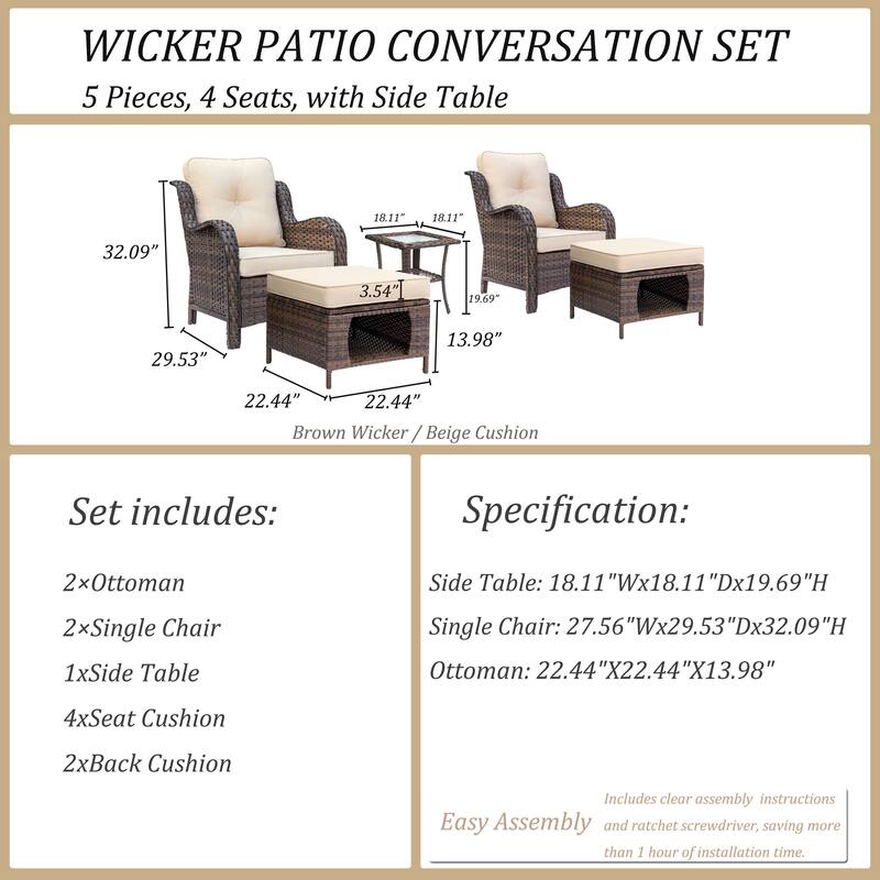 5 Piece Outdoor Wicker Patio Conversation Chair with Ottoman Set