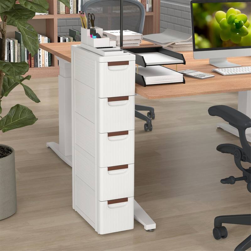 Gymax 5-Drawer Narrow Rolling Storage Cabinet w/ Pull Handles Built-in