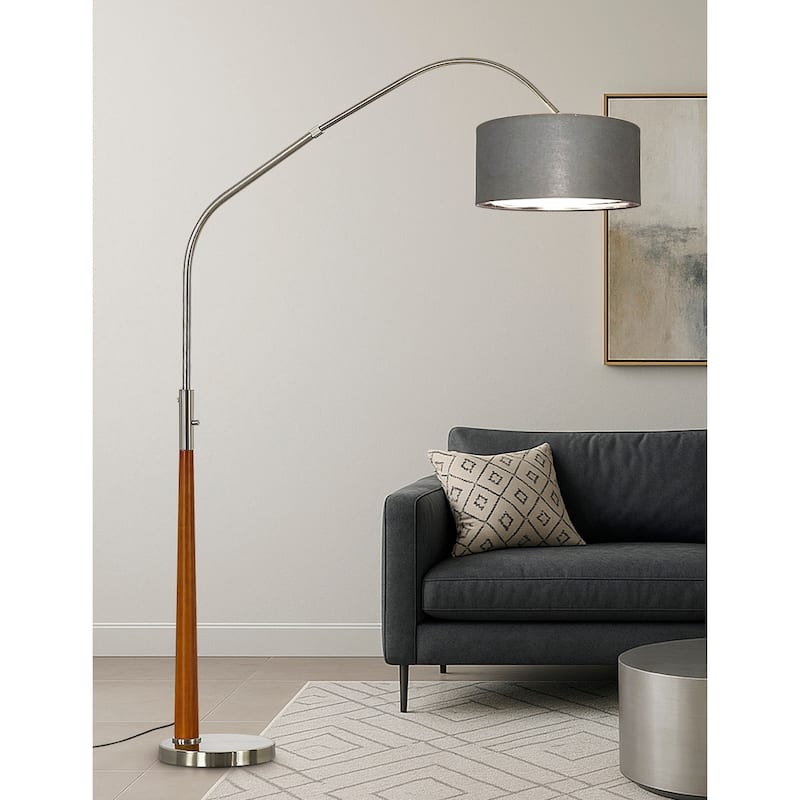 HOMEGLAM Century 81" Solid Wood Arched Floor Lamp with Dimmable LED Bulb - BrushedNickle/GreyShade