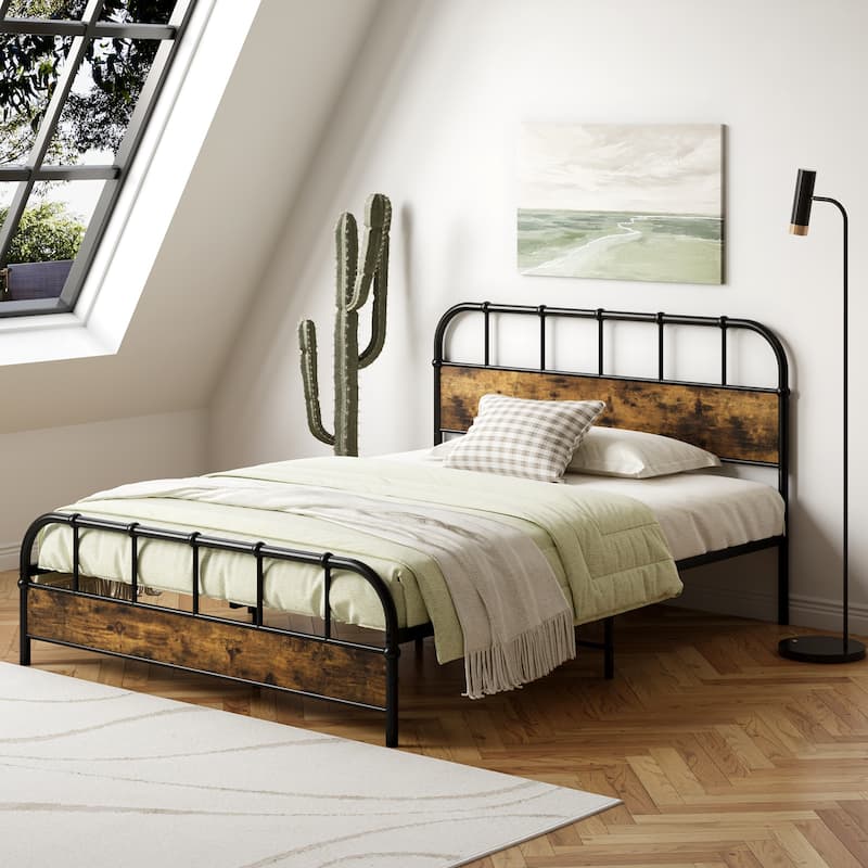 Gymax Queen Size Bed Frame Industrial Platform Bed Frame w/ Under Bed