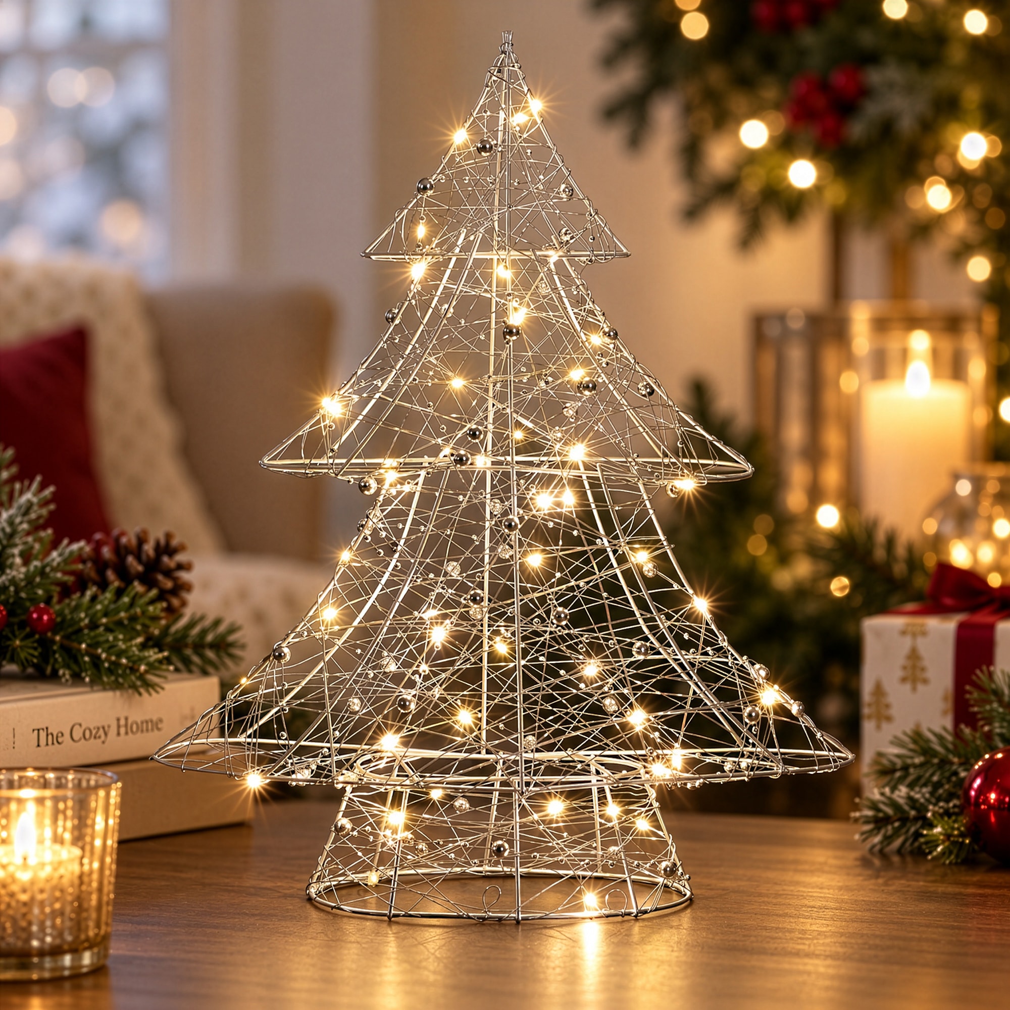 15.25" LED B/O Silver Wire Bead Christmas Tree - Warm White Lights