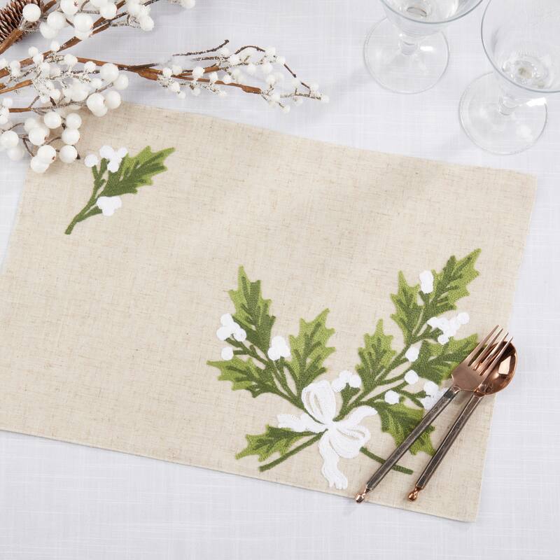 Linen Blend Holly Leaves Placemat (Set of 4) - 13"x19"