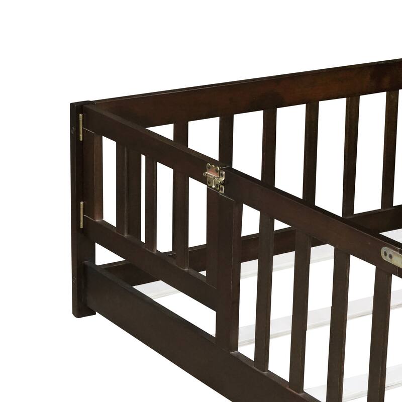Roomfitters Twin/Full/Queen Rubber Wood Floor Bed with Fence and Swing Door, Safety Guardrails, Low Profile Design
