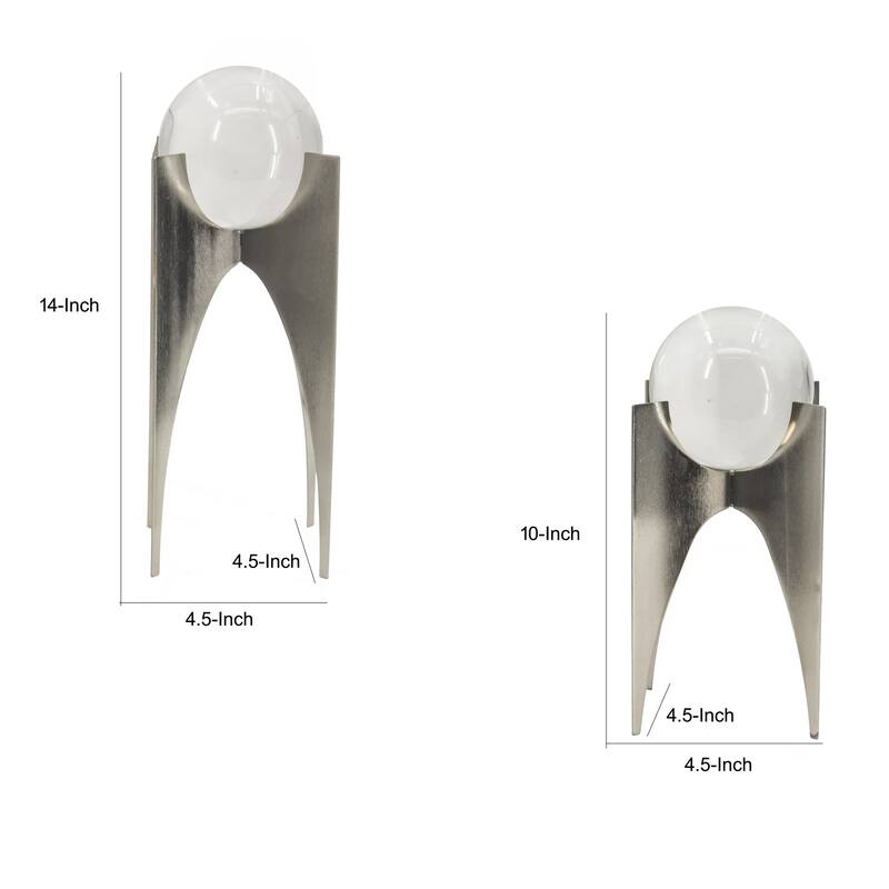 13, 10 Inch Crystal Orb Accent Decor Set of 2, Metal Stand, Art Deco