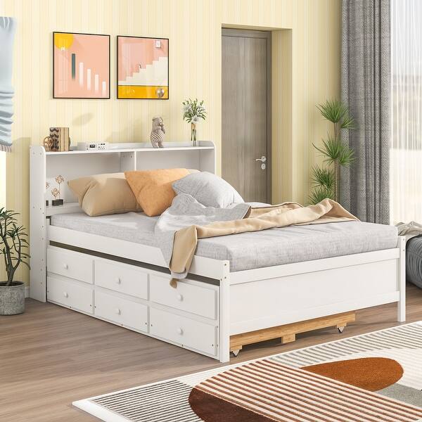 slide 2 of 8, White Platform Bed with Bookcase, Twin Trundle, Drawers Full - White