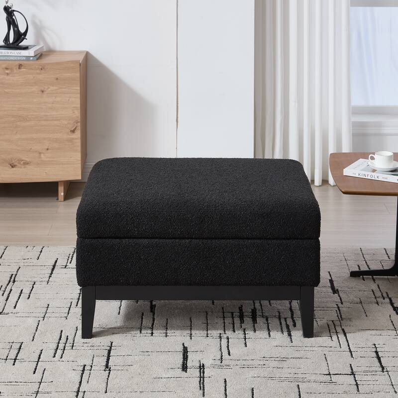 Roomfitters Storage Ottoman, Boucle Coffee Table Footstool with Reversible Lid and Wood Base for Living Room or Bedroom