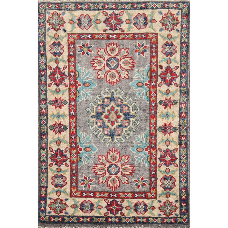 Gray Geometric Kazak Oriental Accent Rug Handmade Wool Carpet - 2'1"x 2'10"