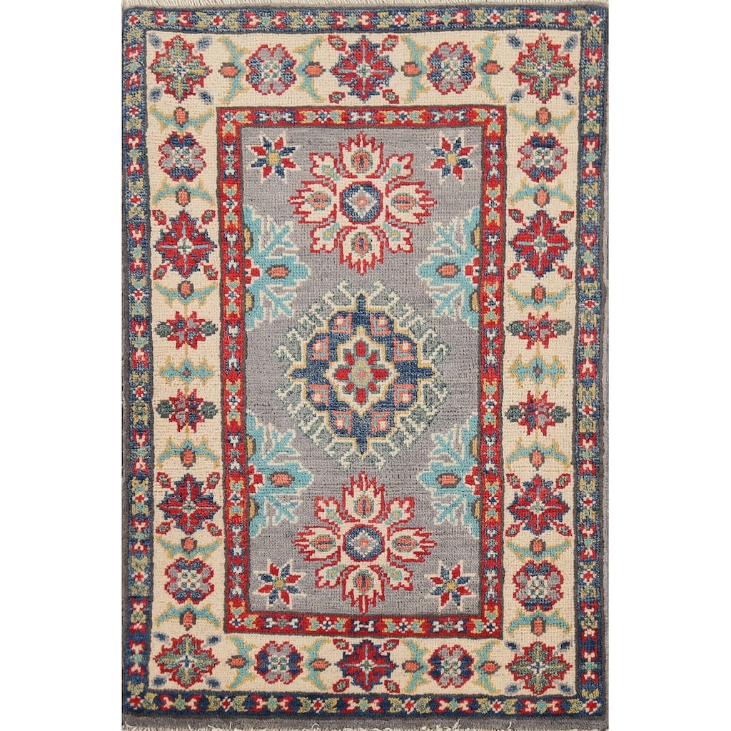 Gray Geometric Kazak Oriental Accent Rug Handmade Wool Carpet - 2'1"x 2'10"