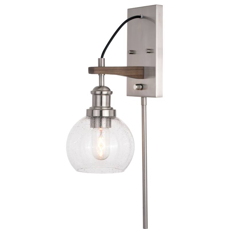 Avondale 6-in Satin Nickel and Wood Farmhouse Plug In Wall Sconce Reading Light, Clear Seed Glass Globe, On/Off Switch