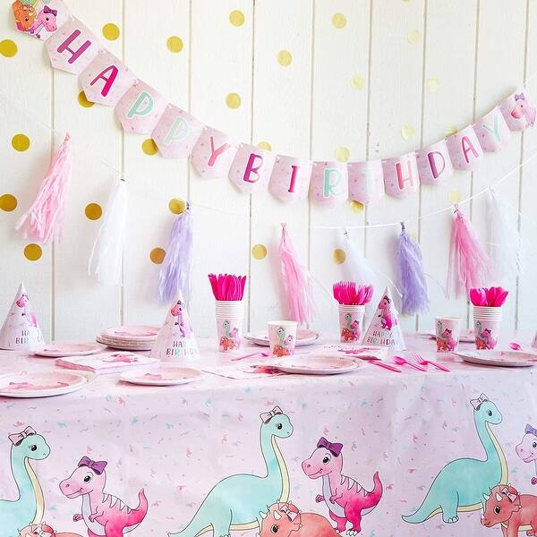 Serves 24 Pink Baby Dinosaur Party Supplies Girl Dino Birthday Tablecloth Banner Overstock 33068488