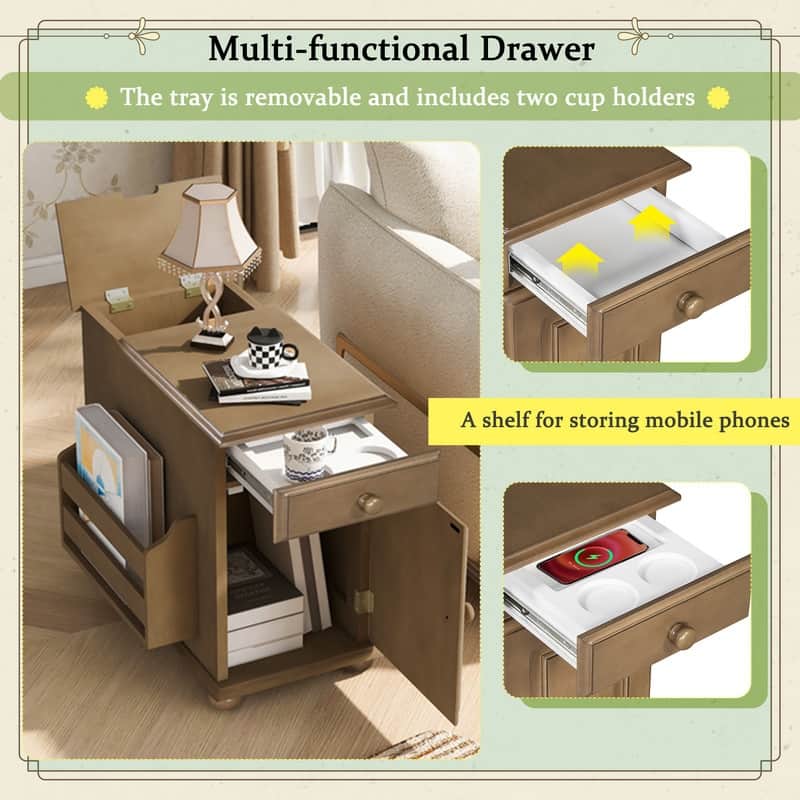 Retro Flip-Top End Table – USB Ports, Cup Holder Drawer & Bookshelf, Ideal for Small Spaces.