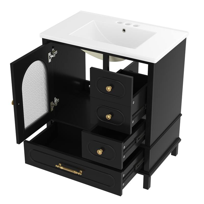 Roomfitters 30 Inch Bathroom Vanity with Sink, Solid Wood Cabinet with 3 Drawers and Semi-Transparent Door
