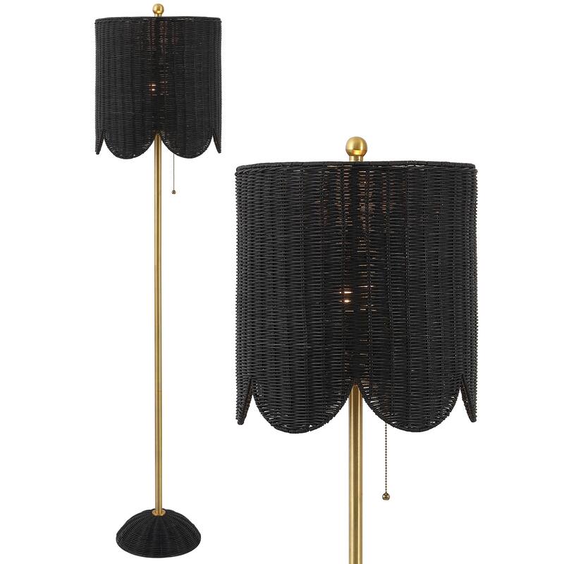 Joel 63.5" Rattan/Metal LED Floor Lamp with Pull Chain, By JONATHAN Y - 1-Light - Black/Brass Gold