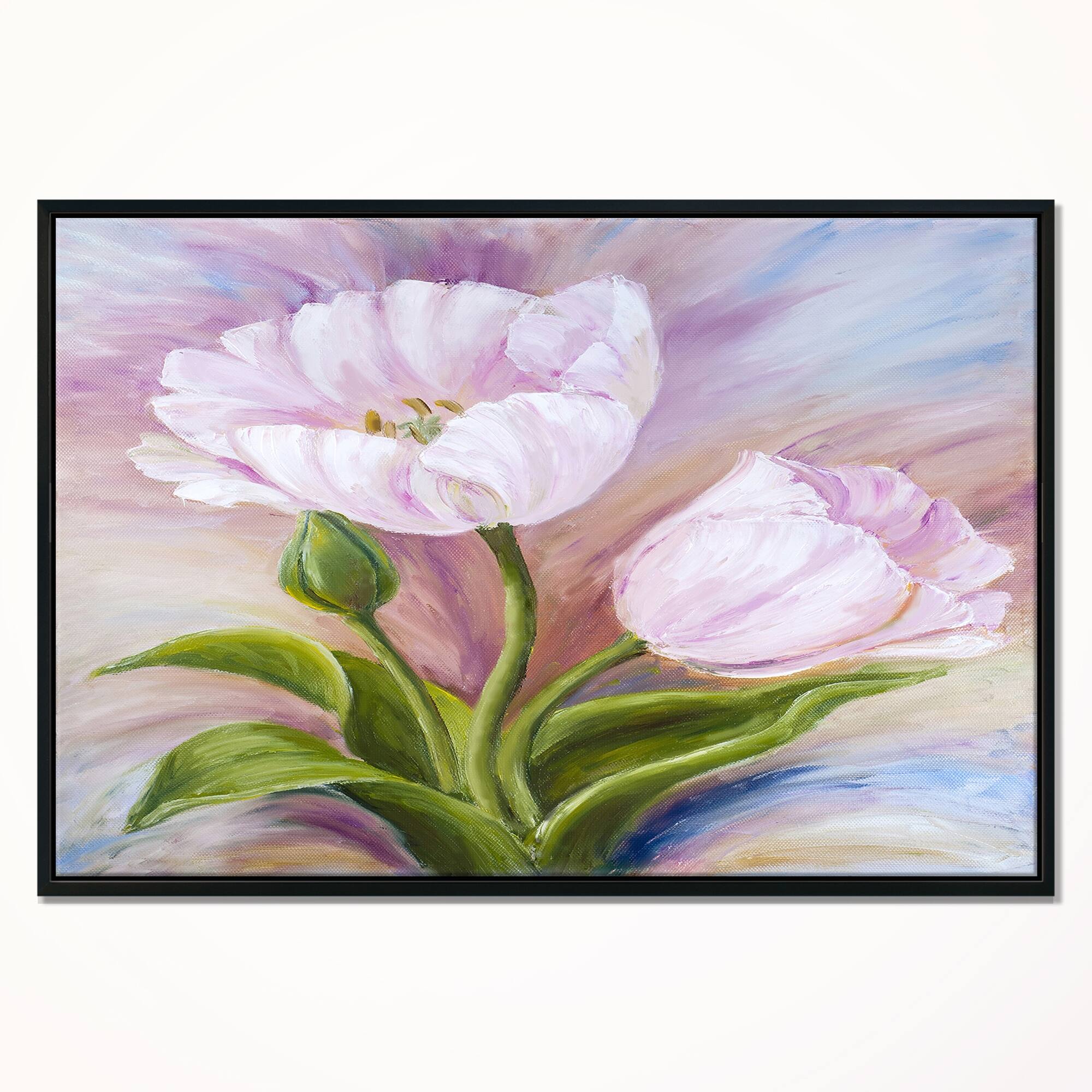 Designart "White Tulips" Floral Art Framed Canvas Print Bed Bath