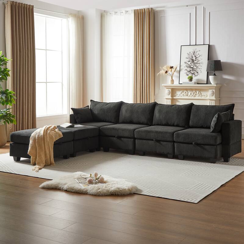 113.5" Corduroy U-Shaped Sectional Sofa with Ottoman