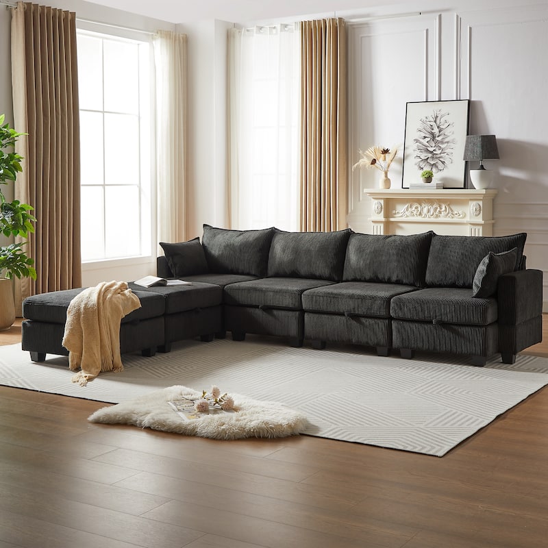 Roomfitters 113.5" Modular Corduroy U-Shaped Sectional Sofa, 6-Seater Convertible Couch with Chaise and Storage Ottoman