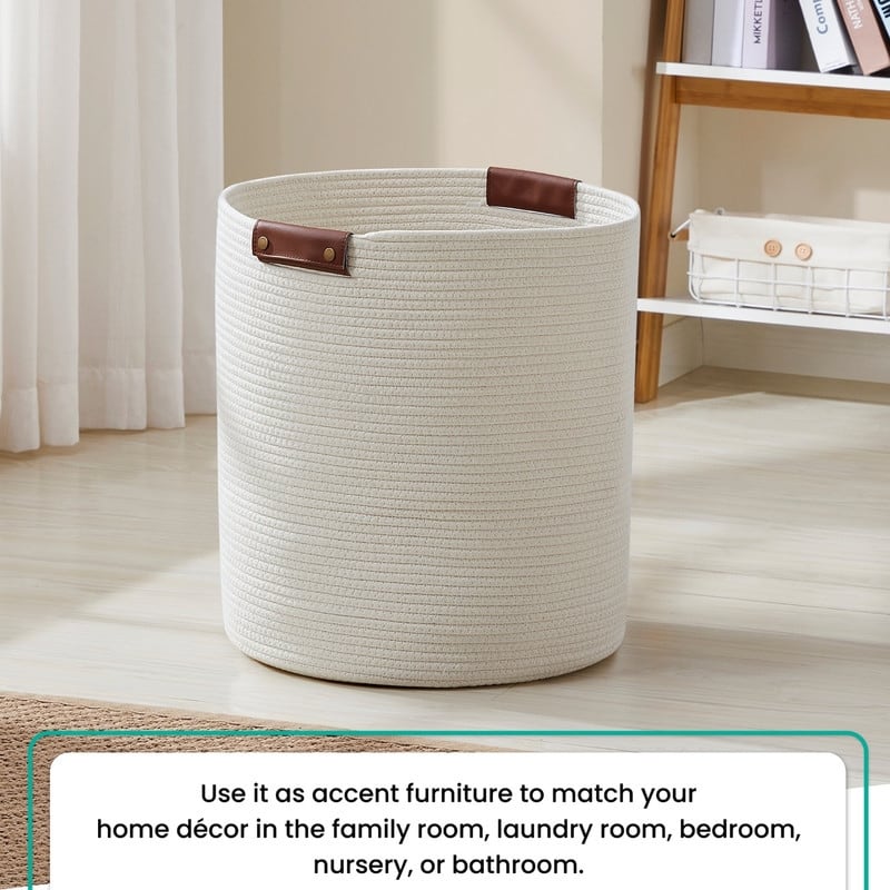 Large Cotton Rope Storage Basket Laundry Hamper Woven Basket with Leather Handles -16 x 18 - 16" x 16" x 18"