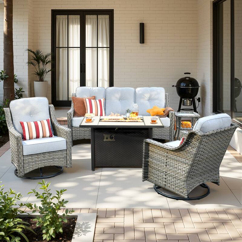 HOOOWOOO 5-piece Wicker Outdoor Furniture Swivel Chairs Set with Fire Pit - Grey