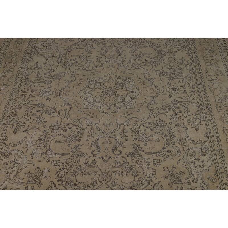 Floral Tabriz Persian Vintage Area Rug Handmade Beige Wool Carpet - 9'8" x 12'4"