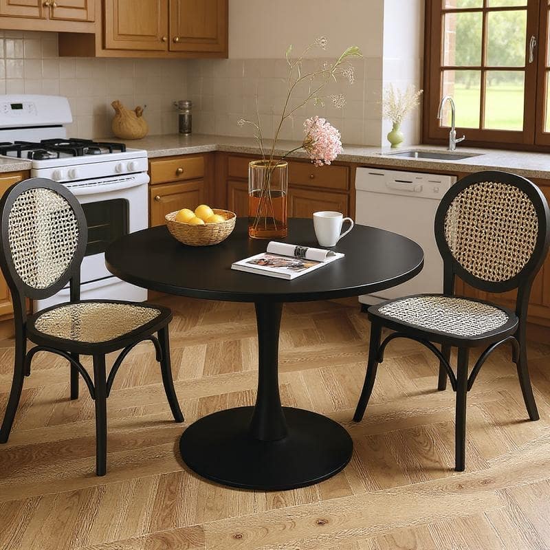Grondin Mid-Century Modern Round Kitchen or Dining Table with Premium MDF Top and Steel Pedestal Base for Dining Room