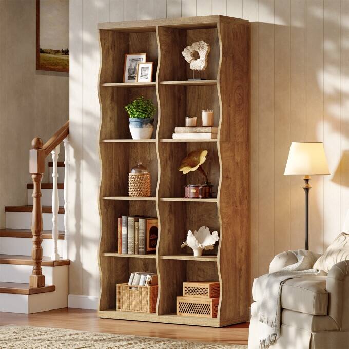 70.86" Bookcase with 10 Storage Cubes, 5-Tier Wave-Design Bookshelf