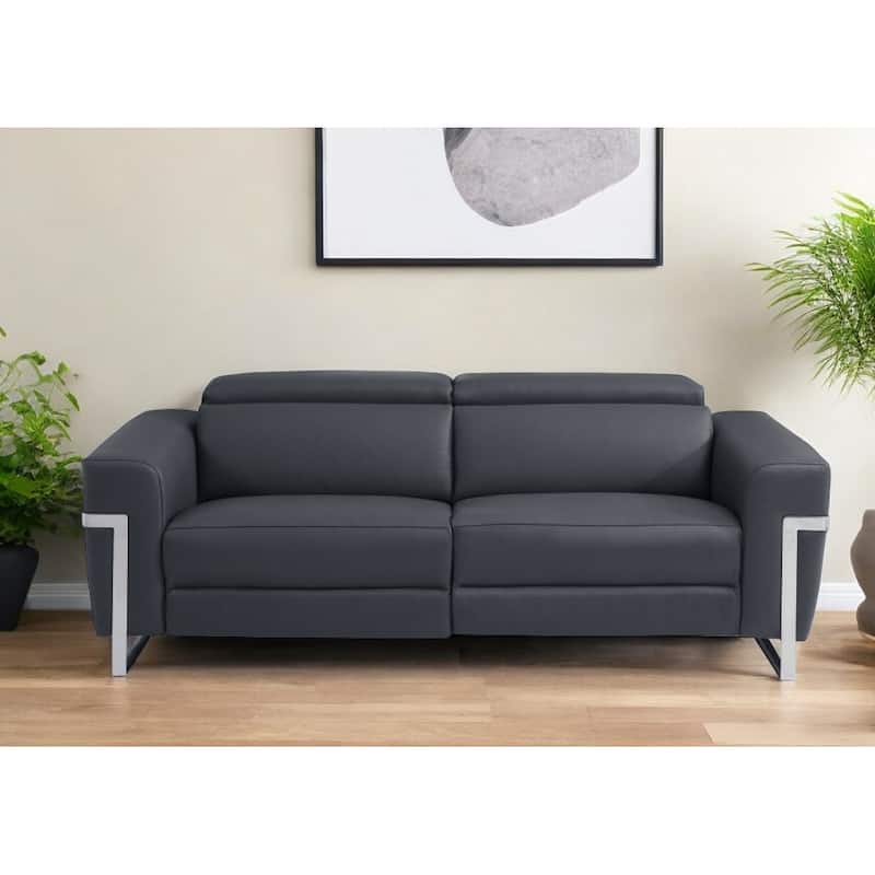 HomeRoots 83" Dark Gray Italian Leather USB Reclining Sofa With Silver Legs - Grey