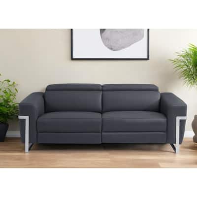 HomeRoots 83" Dark Gray Italian Leather USB Reclining Sofa With Silver Legs
