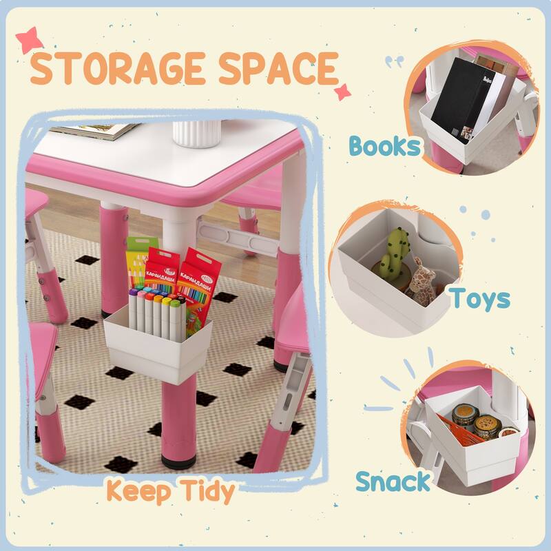 Kids Adjustable Table and 4 Chair Set with Storage Box Pink Activity Play Furniture for Toddlers and Preschoolers
