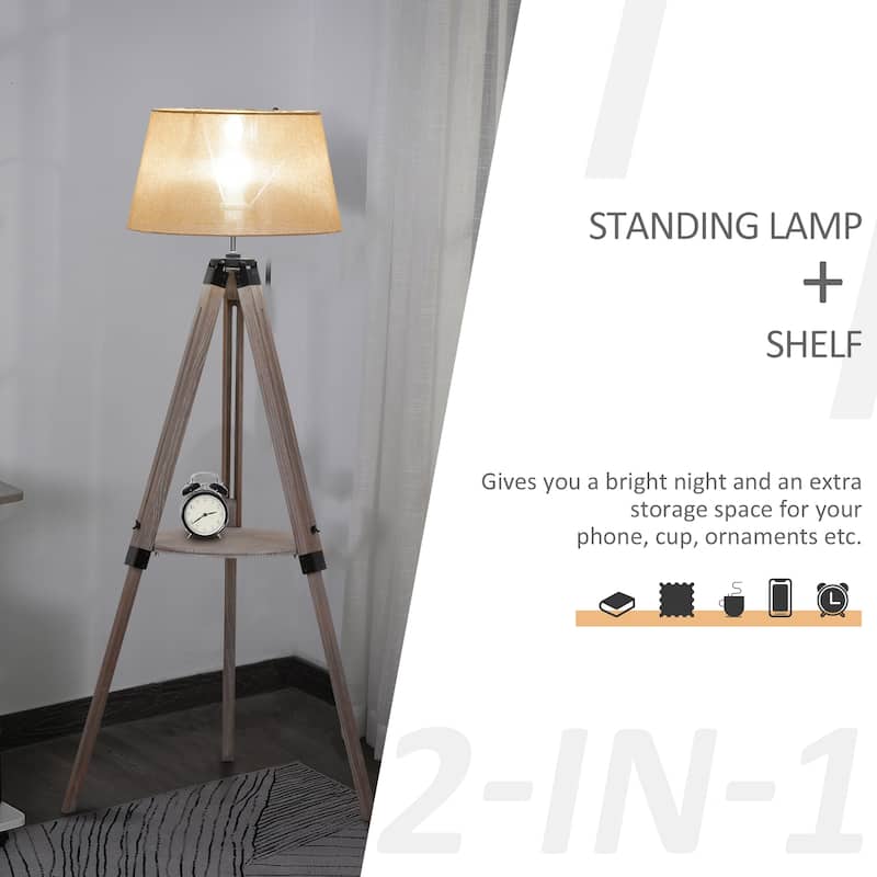 HOMCOM Multifunctional Floor Lamp with Shelf Height Adjustable Standing Lamp Contemporary 2-in-1 Cloth Lampshade E26 Lamp Holder