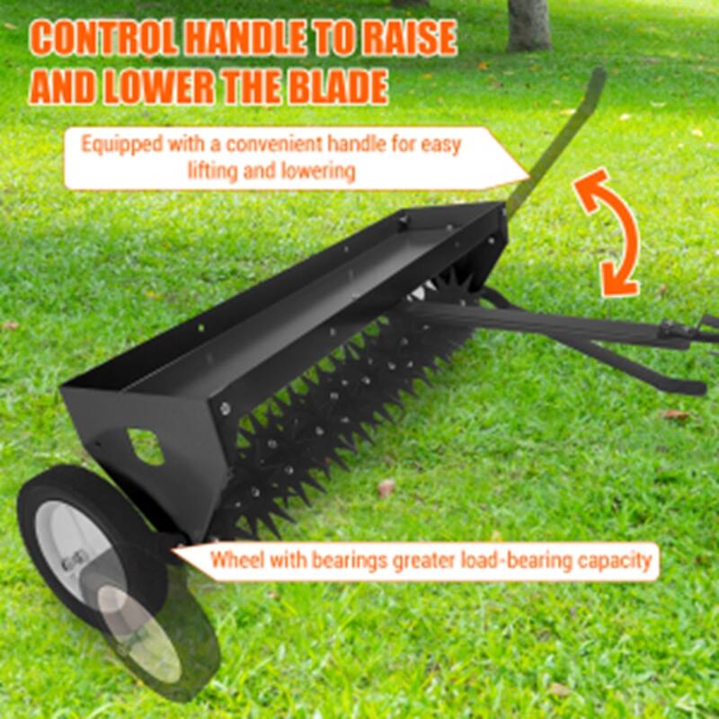 40-Inch Tow-Behind Lawn Aerator Heavy-Duty Steel Teeth Adjustable Handle & Transport Wheels Orange