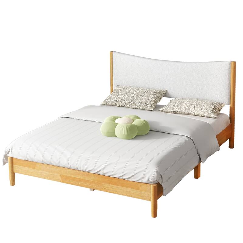 Beech Wooden Bed Queen Platform Bed Frame with Teddy Velvet Upholstered Cushion Headboard, Wood Slats and Center Support Legs