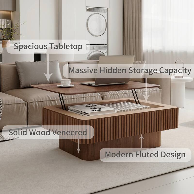 Lift-top Coffee Table Solid Wood Veneered Coffee Table with Storage and Adjustable Height