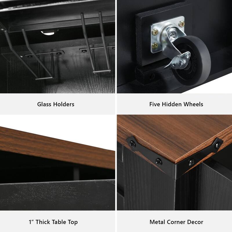 Anmytek Farmhouse Kitchen Island Cart with Drop Leaf and Power Outlets - Rolling Cart with Barn Doors and Metal Grid Side Door