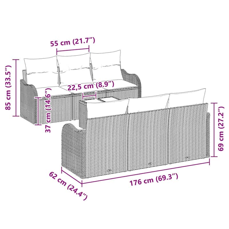 vidaXL 7 Garden Sofa Set with Cushions Black/Brown/Grey Poly Rattan - 69.3 x 24.4 x 27.2