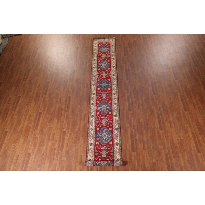 Geometric Red Kazak Oriental Runner Rug Handmade Wool Carpet - 2'6" x 16'0"
