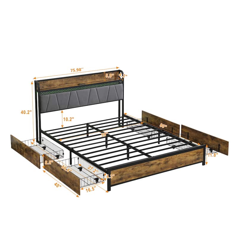 Bed Frame, Storage Headboard with Charging Station and 4 Storage Drawers,LED Lights