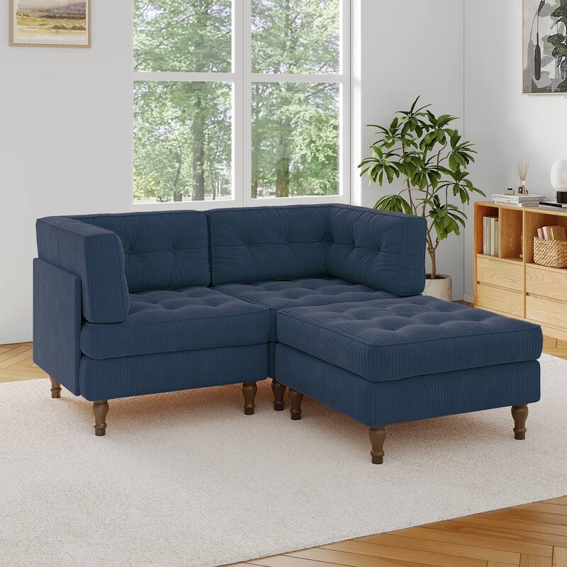 Corduroy Upholstered Modular Corner Sectional Sofa with Reversible Ottoman - Navy
