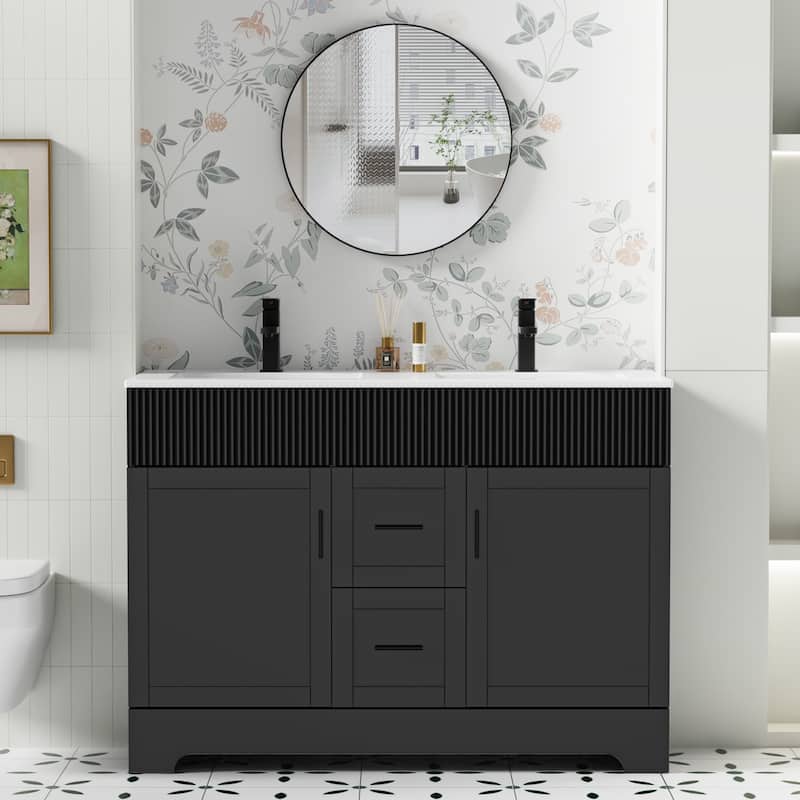 Wavy Line 30"/36"/48" Bathroom Vanity Set with Sink & Faucet - 48"Double Sink - 48"Black-Double Sink