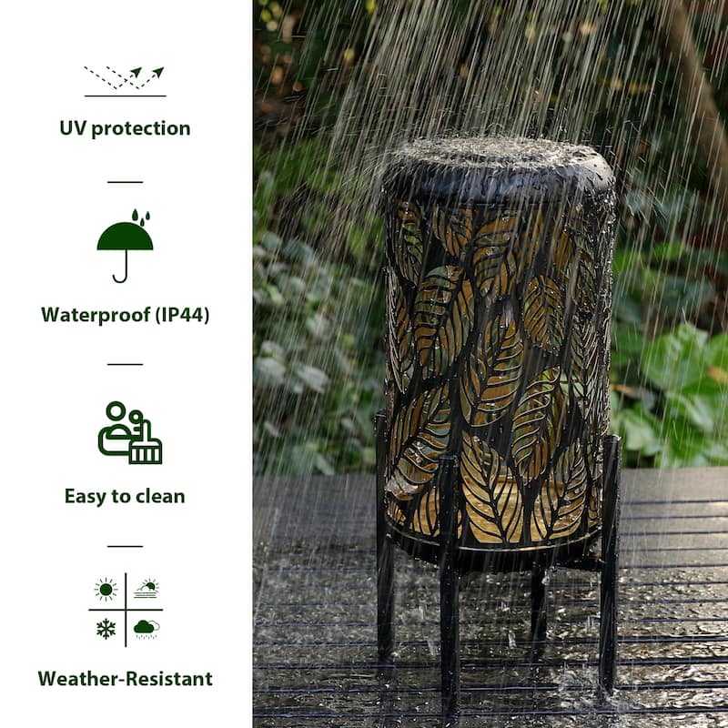 Glitzhome 14.25"H Set of 2 Metal Flower Cutout Solar Lanterns Floor Lantern