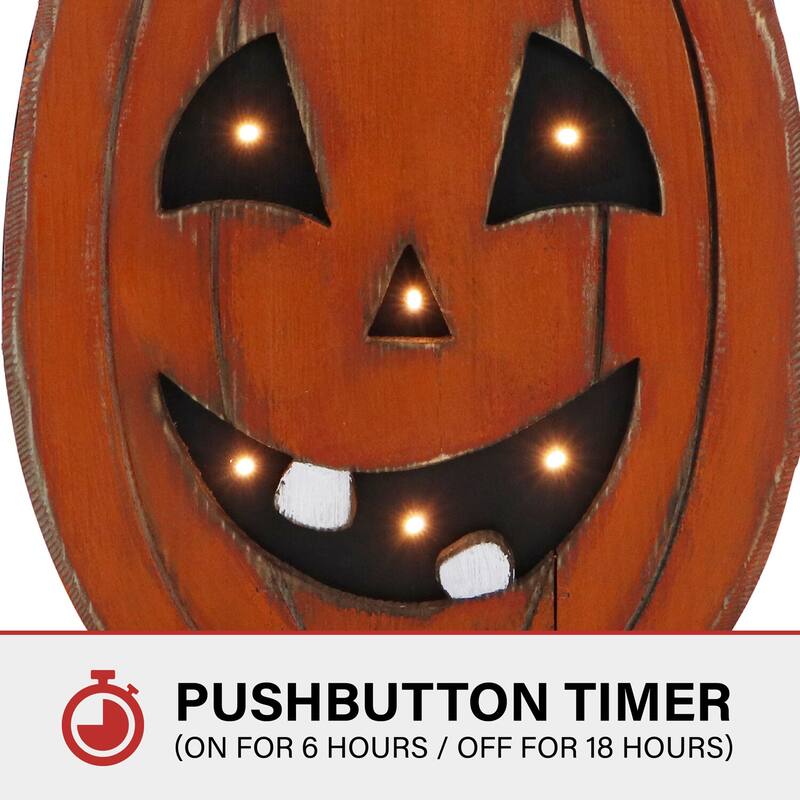 Haunted Hill Farm 18-In. Tall Pumpkin Battery-Operated Wooden Centerpiece with Lights and Timer
