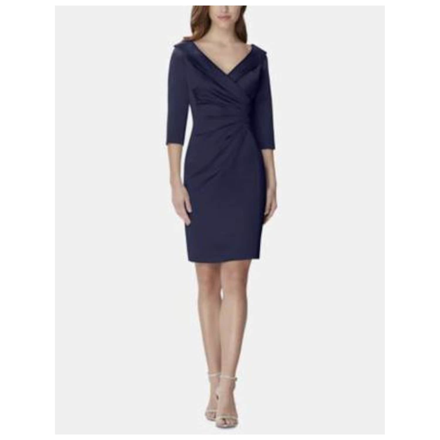 Tahari Womens Navy Ruched Satin 3 4 Sleeve Collared Evening Sheath Dress 4 Accuweather Shop