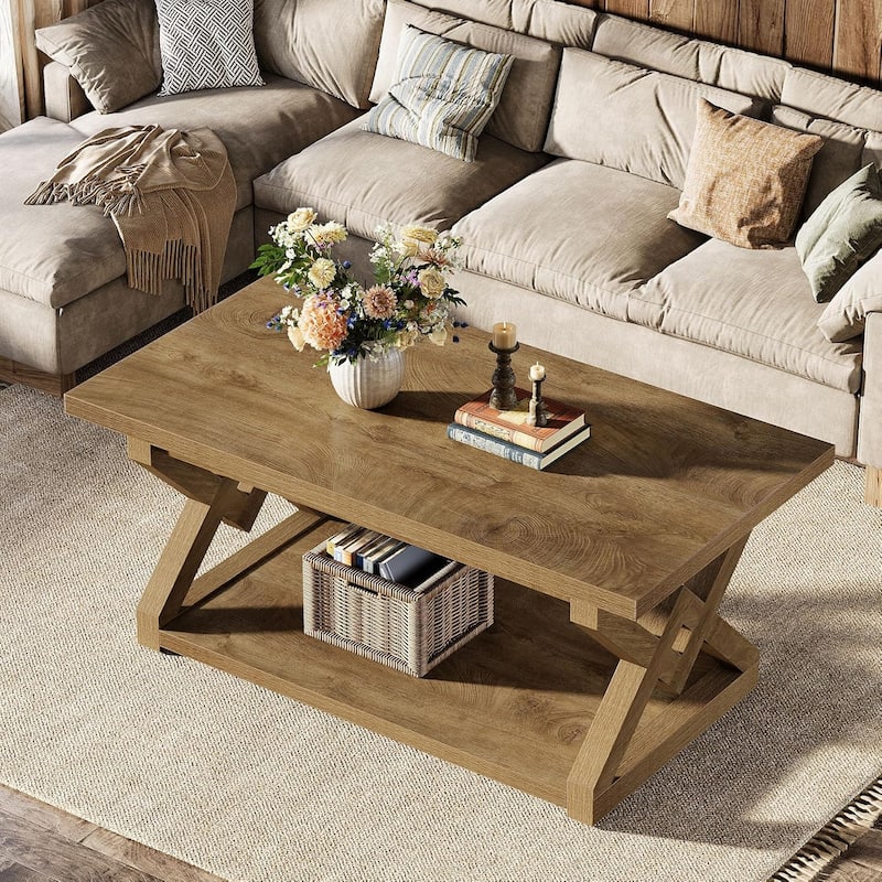 47.24-Inch Farmhouse Rectangle Coffee Center Table , 2-Tier Tea Cocktail Table with Open Storage Shelves